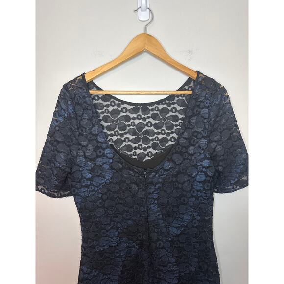 Badgley Mischka Belle Black Blue Lace Short Sleeve Cocktail Dress Size 10 - Picture 6 of 10